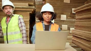 African American Female worker in a safety uniform and hard hat and male colleague inspect storage, stock order at factory warehouse, piles of stacking paper manufacture, industry product management. video