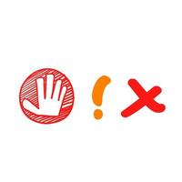 icono de señal de stop de conjunto dibujado a mano con mano, marca de exclamación y garabato cruzado vector