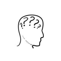 hand drawn doodle Big head with question marks inside brain icon vector