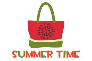 Beach bag with a print of bright watermelon. Beach accessory and the inscription summer time. vector