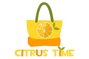 Beach bag with citrus print and the inscription. The inscription citrus time. vector