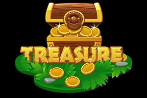 An open treasure chest on an isometric grass platform. Wooden chest with gold coins on the island for the game.