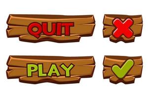 Set of vector wooden buttons play and quit. Isolated icons check mark and cross for games menu.