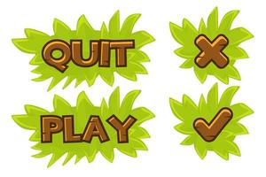 Set of vector grass buttons play and quit. Isolated icons check mark and cross for games.