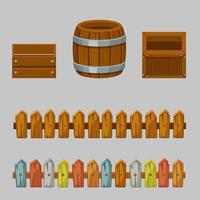 Vector isolated empty wooden crates and barrels. Set of wooden objects and fences.