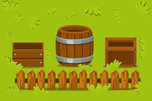 Vector isolated wooden crates and barrel on the grass. Glade with a wooden fence with empty containers.