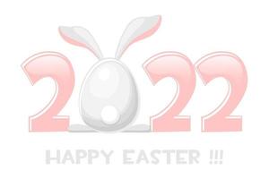 Happy easter 2022 postcard, cute rabbit with inscription. Vector illustration easter banner with bunny egg shape for graphic design.