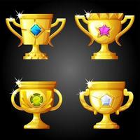 Gold cups of awards with precious stones to play. vector