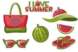 Set of beach objects from watermelon and summer logo. Beach bag, glasses, watermelon, hat and flip flops. vector
