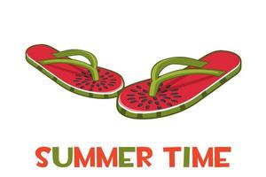 Beach slippers or flip flops with a print of watermelon. Isolated flip flops and the inscription summer time. vector