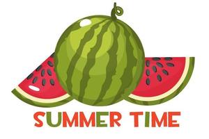 The inscription summer time and juicy ripe watermelon. Whole and slices of sweet red watermelon. vector