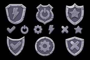 conjunto de iconos de escudos de menú de piedra para el juego. iconos aislados de opciones, configuraciones, energía para la interfaz. vector