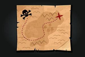 Pirate cartoon vintage paper treasure map with a skull. Way or road to find the pirate treasure. vector