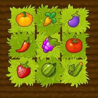 Vector farm game field match 3 with vegetables. Playing green beds with berries.