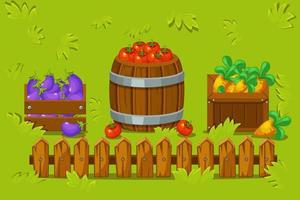 Vector illustration of wooden boxes and a barrel with vegetables. A meadow with grass and a wooden fence.