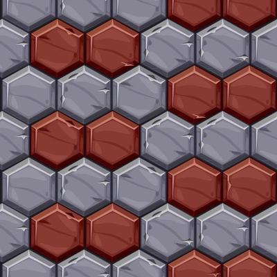 Seamless pattern of vintage stone hexagonal tiles. Textured paving background of bright geometric tiles.
