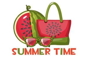 Sunglasses, a beach bag and a sliced watermelon. Set of beach objects and logo. vector