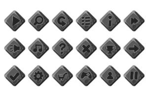 Set of vector cartoon stone buttons for game menu. Isolated gray icons for interface.