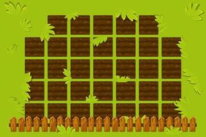 Vector farm field with wooden fence to play. Game GUI garden bed background.