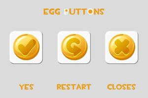 Set of vector square buttons eggs restart, closes, yes. Isolated gold white icons for game menu.