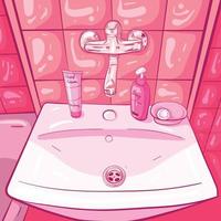 Conceptual art of a pink sink in a pretty bathroom with water tap, hand soap and shiny faience. Vector illustration and drawing with perspective from above the washbasin.
