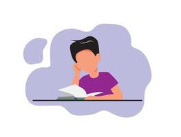 a child with a reading book on the table. flat illustration vector