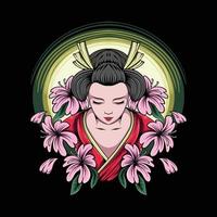 Japanese geisha woman illustration with flowers for t-shirt design and print vector