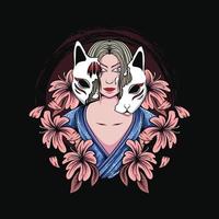 ilustración de mujer geisha japonesa con máscara kitsune y flores para diseño e impresión de camisetas