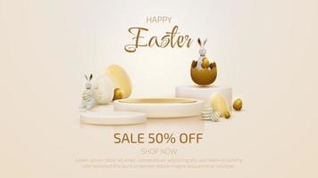 3d product display podium and realistic bunny with gold easter egg elements. Banner template design. vector