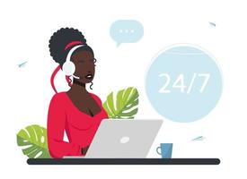 Operator call center. Customer service. Woman with headphones, microphone with a laptop. Concept vector illustration for support. hotline operators consult customers with headsets on computers