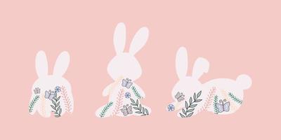 Vector bunny silhouette with brances and butterflies set.