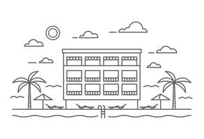 Hotel near the sea with water pool and palms. Outline resort and spa building. Vector illustration.