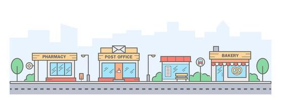 City skyline. Landscape with row houses of bakery, pharmacy, bus stop and post office. Street horizontal panorama. Vector illustration