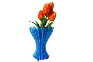 Bouquet of orange tulips in a blue vase on white background. photo