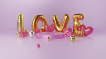 Happy Valentine's Day banner. Pink stage background with helium love balloons and hearts decoration. 3d render photo