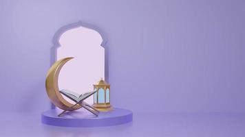 Islamic ramadan greeting background with round podium stage, lantern, moon, mosque ornament and quran. 3D rendering photo