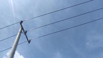 selective focus on clouds moving between power lines and poles, 4k timelapse video