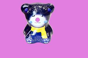 blue metal teddy bear piggy bank view front photo