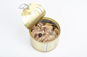 Open metal can with canned fish in its own juice. Studio Photo