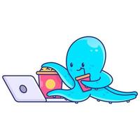 Cute Octopus enjoy watching movie and some snack vector