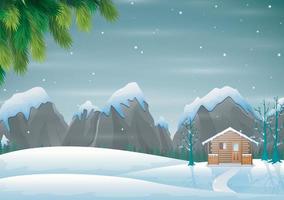 A small wooden house on the hill snowy background vector