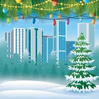 Winter cityscape with tree garland background vector