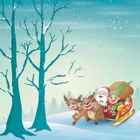 Happy santa claus and elf riding his sleigh at winter snow vector