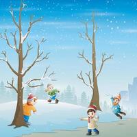 Happy children playing snow on the snow field vector