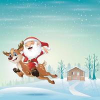 Happy santa claus riding a reindeer jumping on snow vector