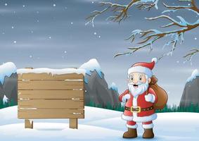 Santa with frozen road sign on winter background