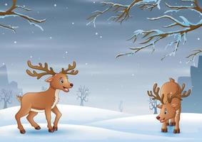 Nature landscape on snow winter background with deers vector