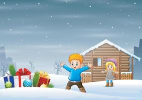 Happy children with many box gifts on snowy outdoors vector