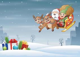 Santa claus with his sleigh landed on a snowy hill vector