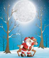 Santa claus with reindeer at christmas winter night vector